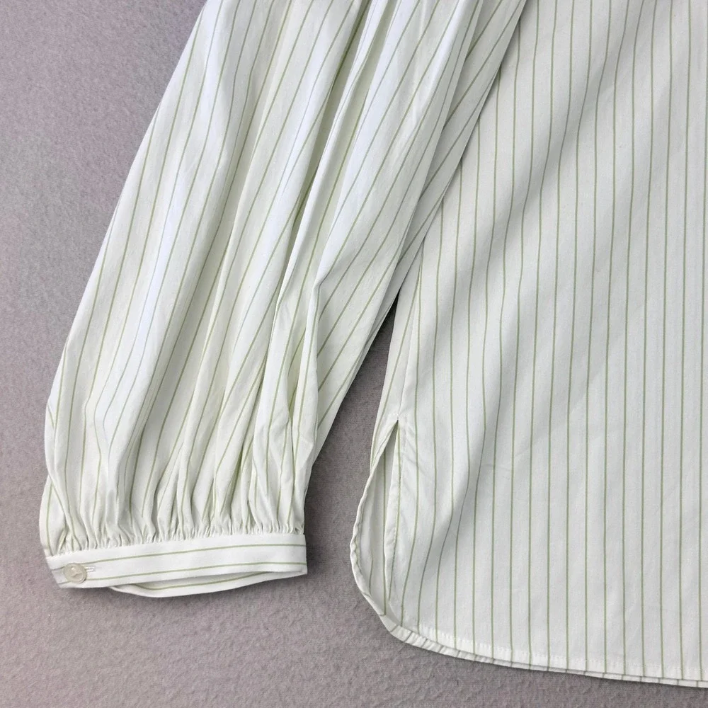 Lafayette 148 New York Striped Button Up Shirt Women M Green Balloon Sleeve - Picture 5 of 9